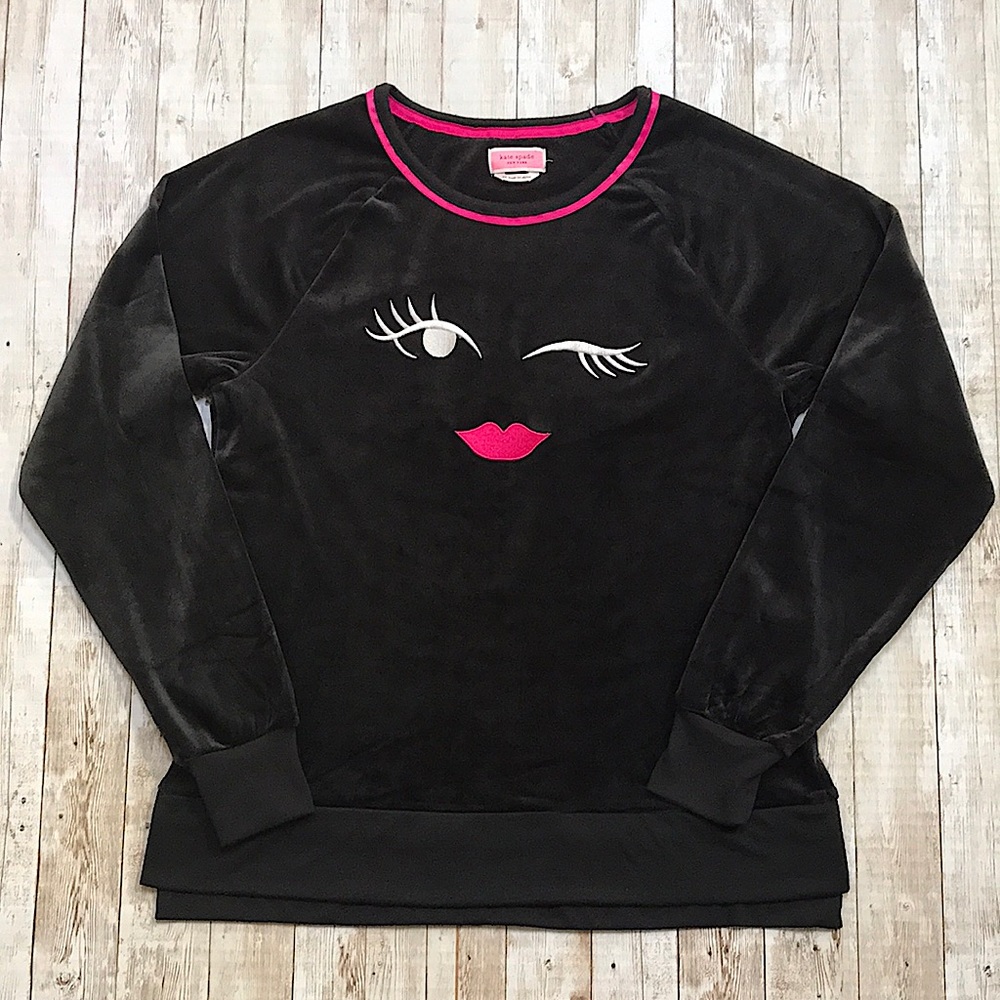 Kate Spade Black Fleece PJ Top or Lounge Sweater with Winking Face Size XS